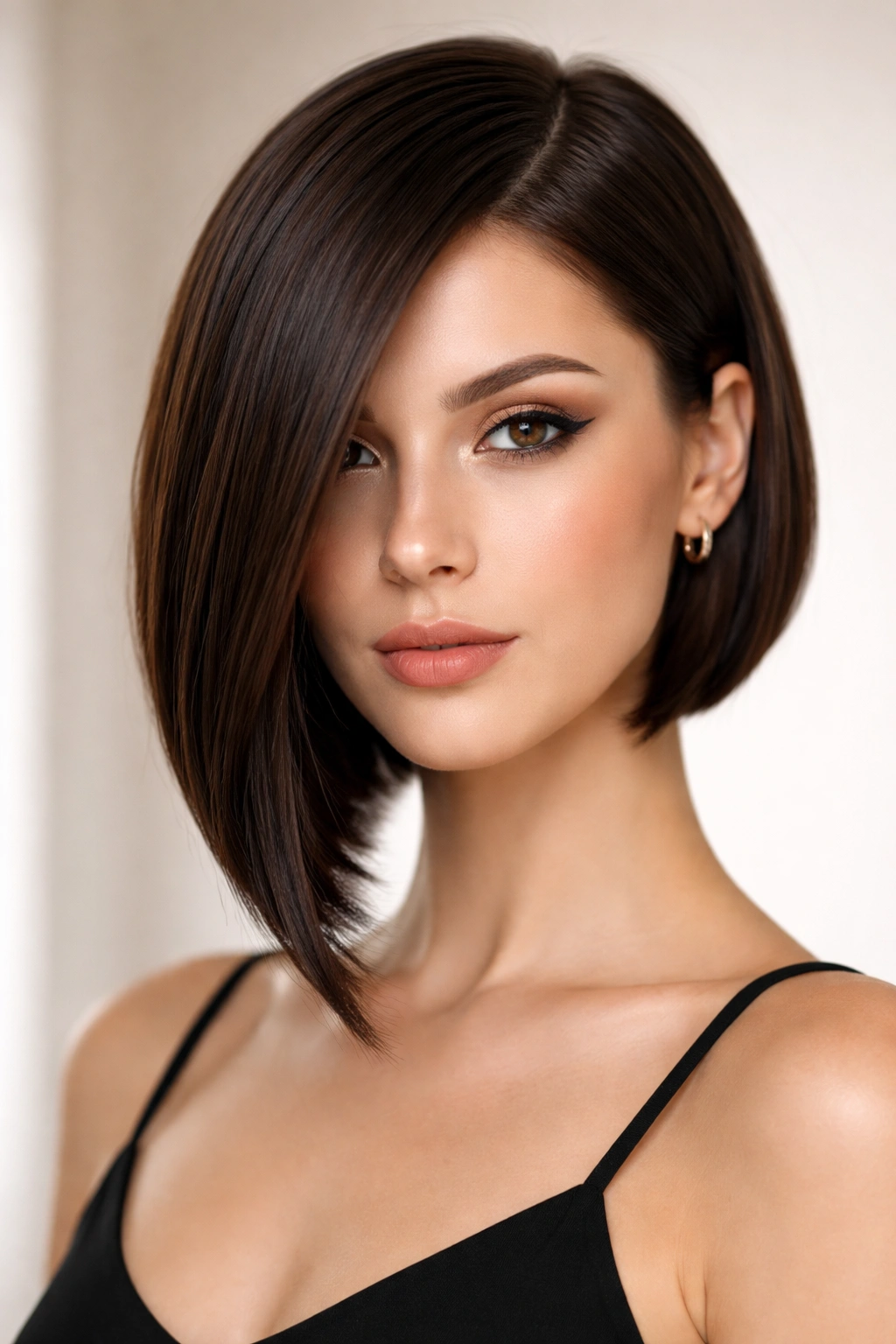 Model with a sleek asymmetrical bob on straight hair showing longer and shorter sides