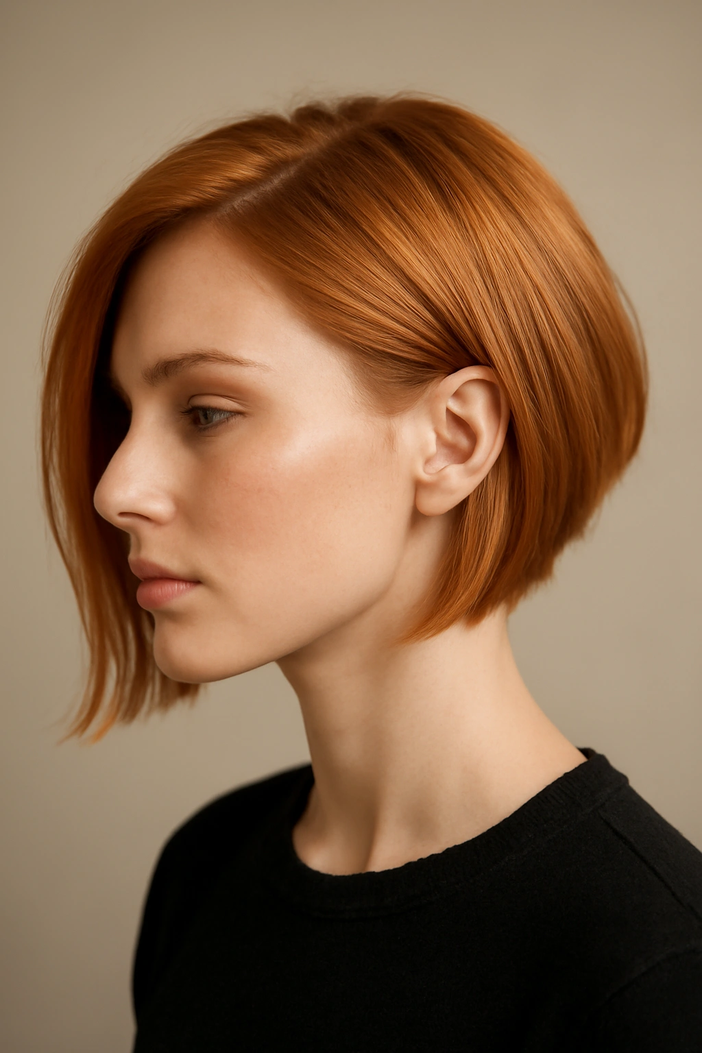 12 Short Strawberry Blonde Haircuts Women Are Loving 7 Close-up of a strawberry blonde asymmetrical bob with one longer side, studio lighting