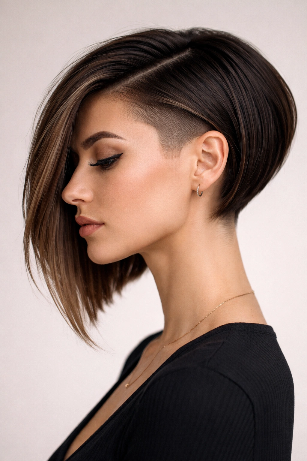 Asymmetrical bob with an undercut showing bold contrast.