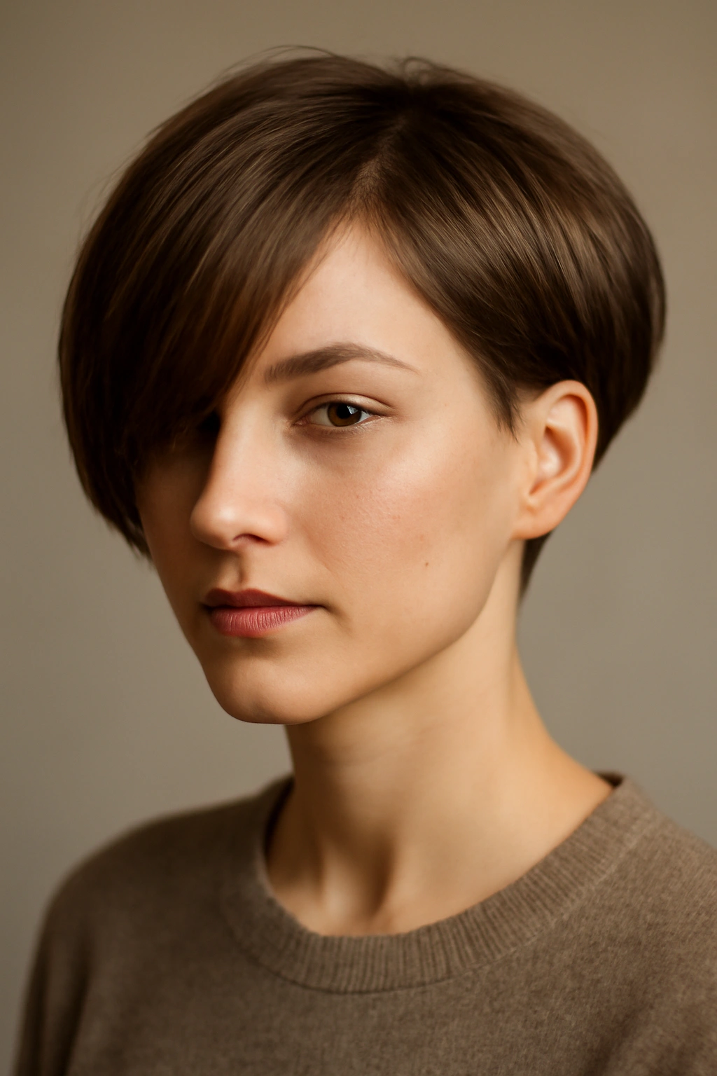 10 Modern Bowl Cuts Women Are Actually Getting 7 Close-up portrait of a person with a side-swept asymmetrical bowl haircut