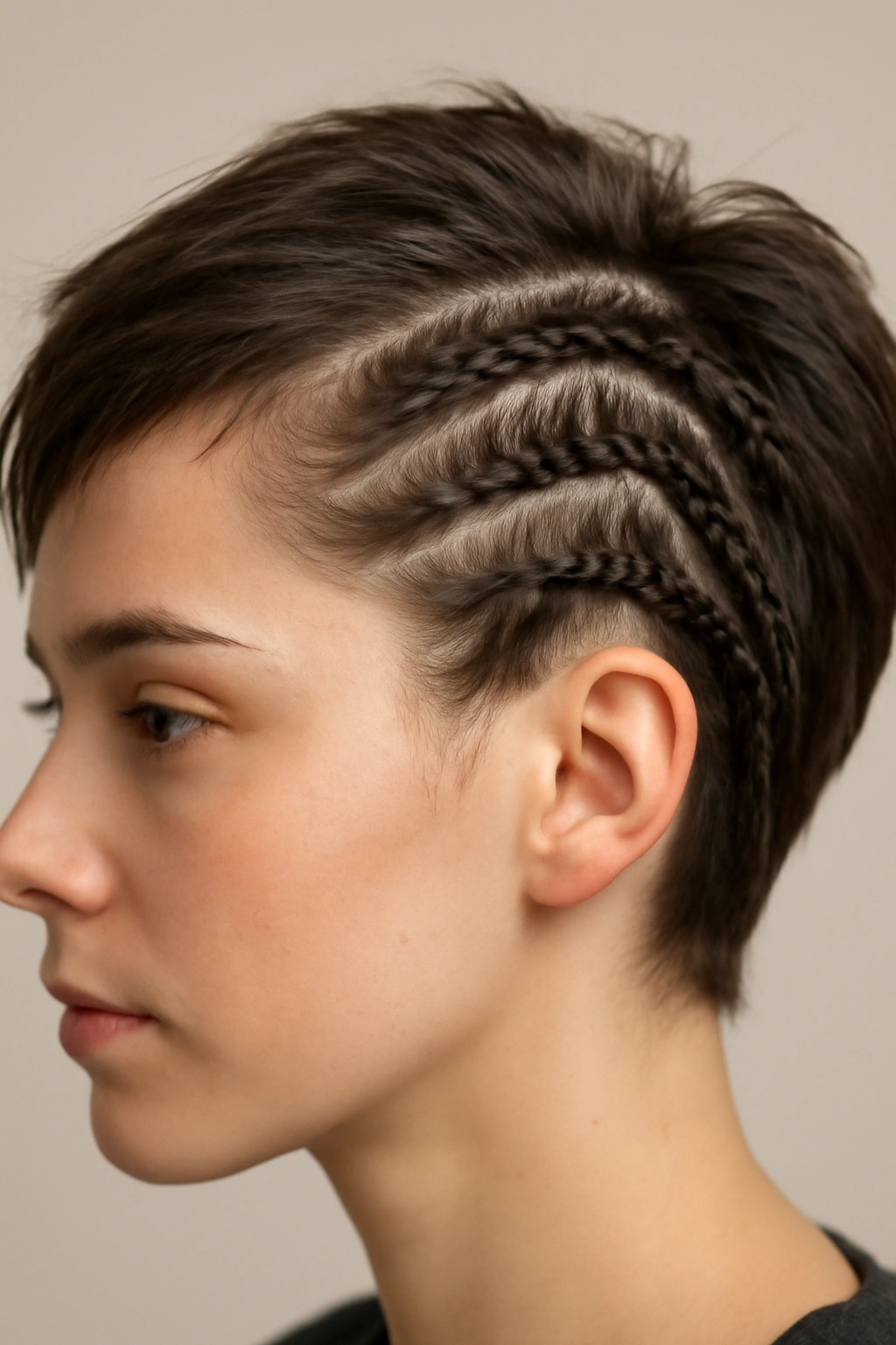 Close-up side view of a short hairstyle with multiple thin braids on one side, creating an asymmetrical weave