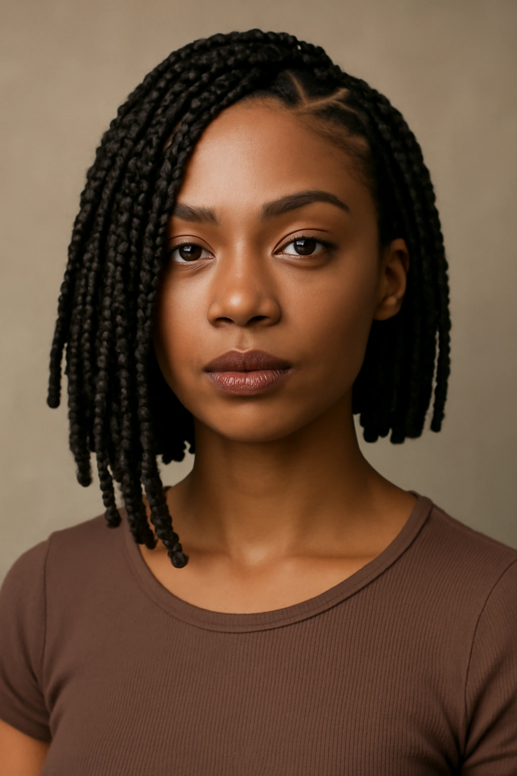 Asymmetrical braids at collarbone length on model