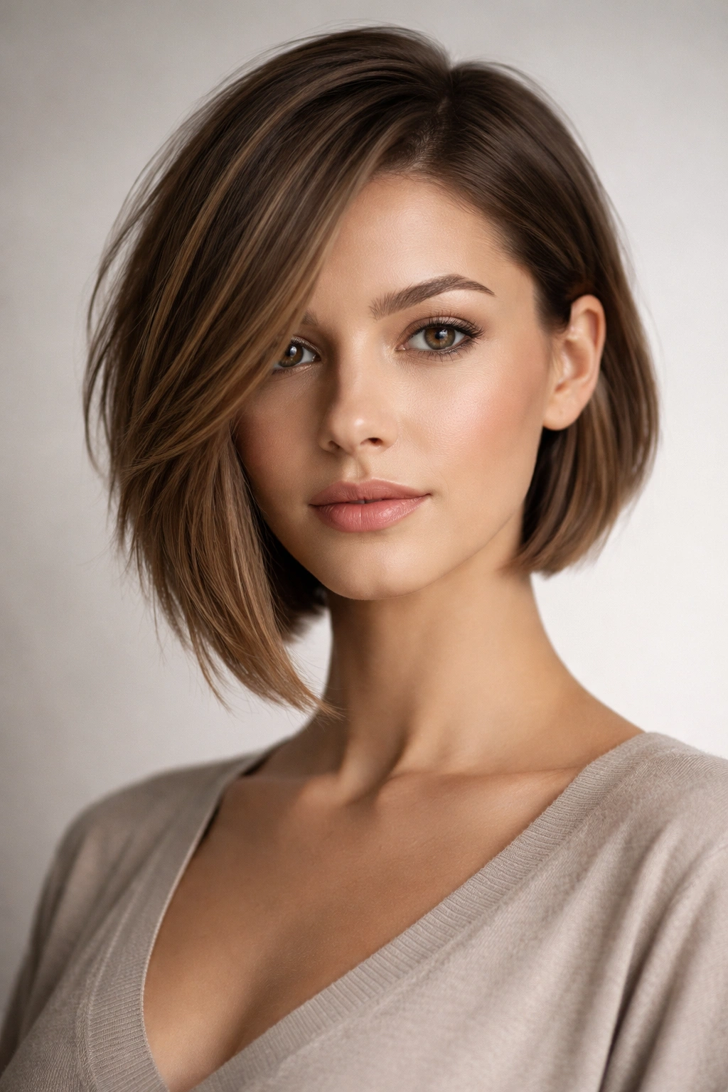 Portrait of an asymmetrical chin-length hairstyle with uneven sides highlighting sculpted jawline