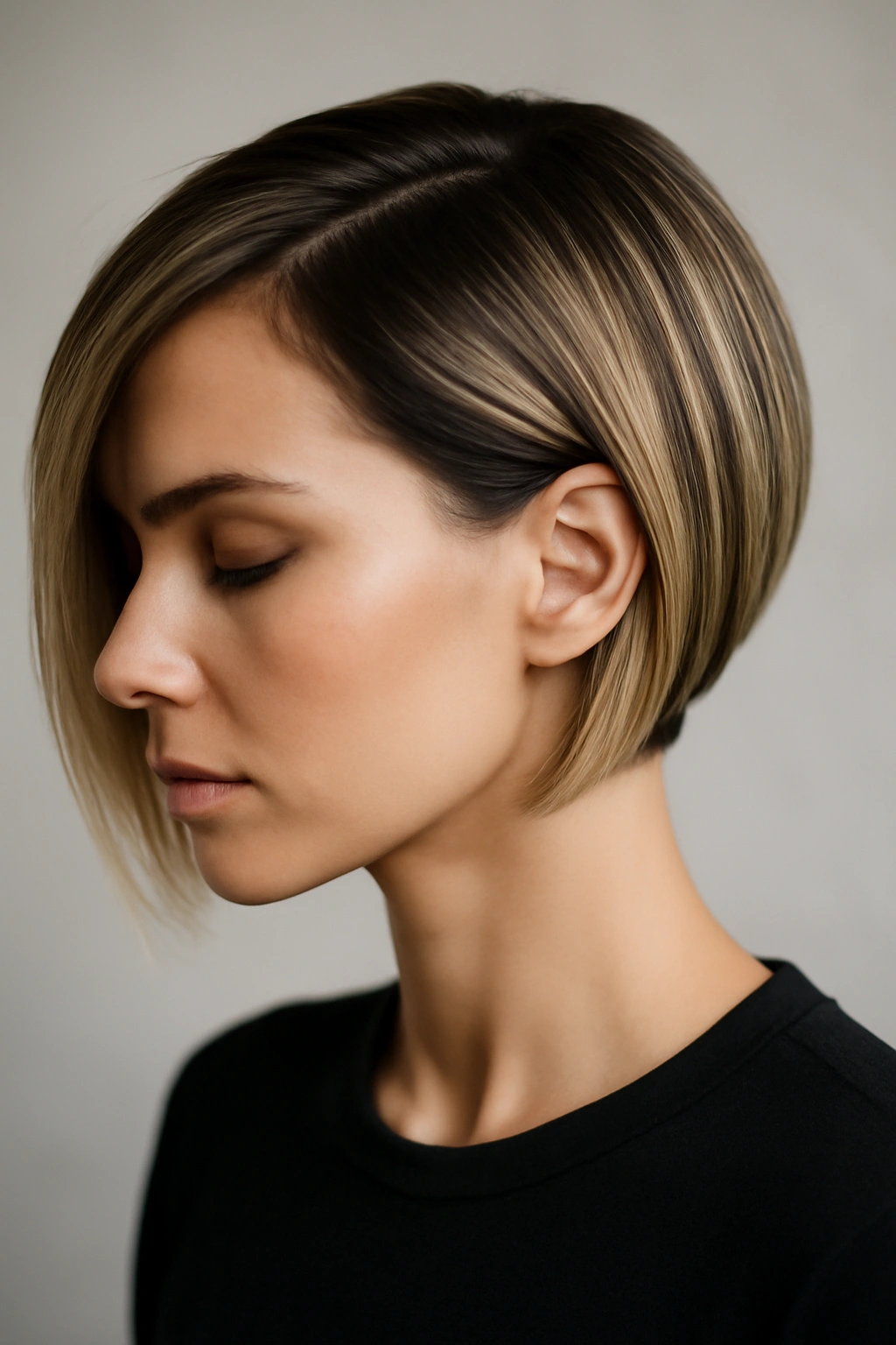 12 Short Haircuts With Highlights That Truly Stand Out 4 Sleek asymmetrical crop showing longer side with blonde highlights