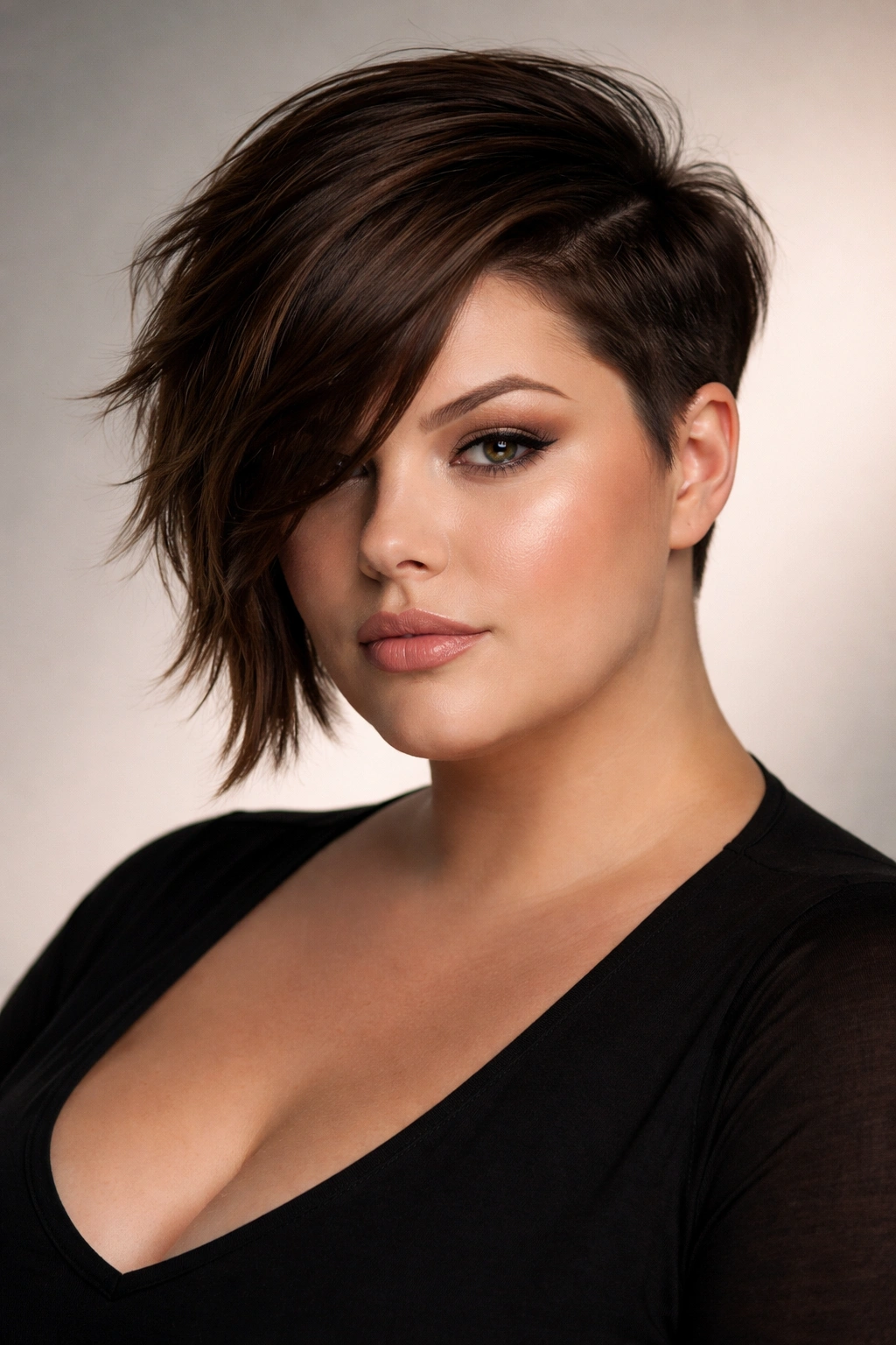 Portrait of a plus-size woman with an asymmetrical crop hairstyle