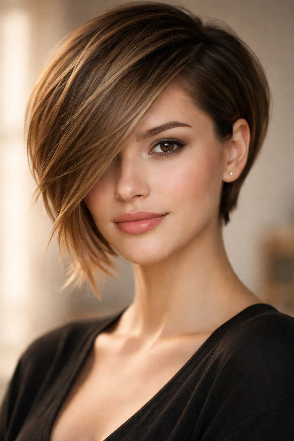 15 Slimming Short Hairstyles For Round Faces 12 Asymmetrical crop with long side-sweep framing the face