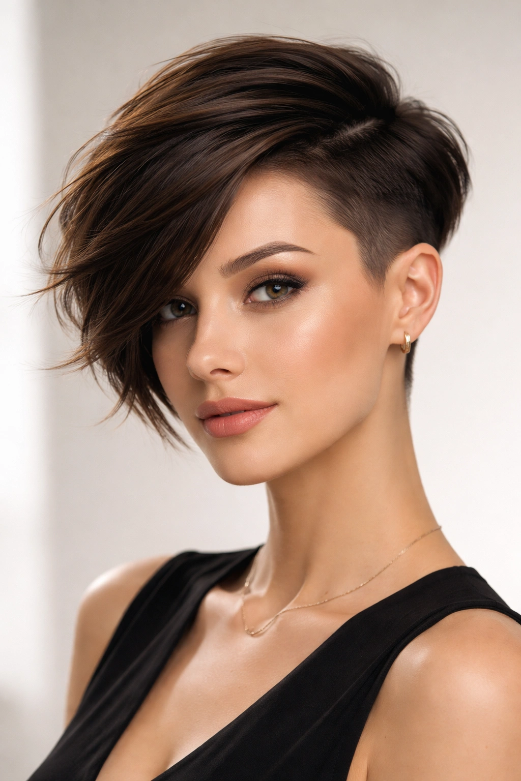 Model with The Asymmetrical Crop with Hidden Undercut showing longer top layer sweeping across the face