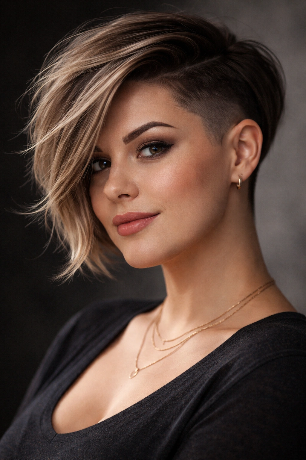 Asymmetrical crop with undercut shown in a three-quarter view with dramatic lighting