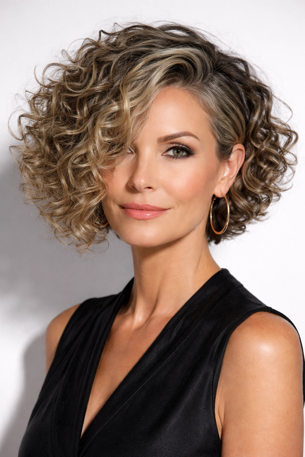 Asymmetrical curly bob with uneven lengths and defined curls