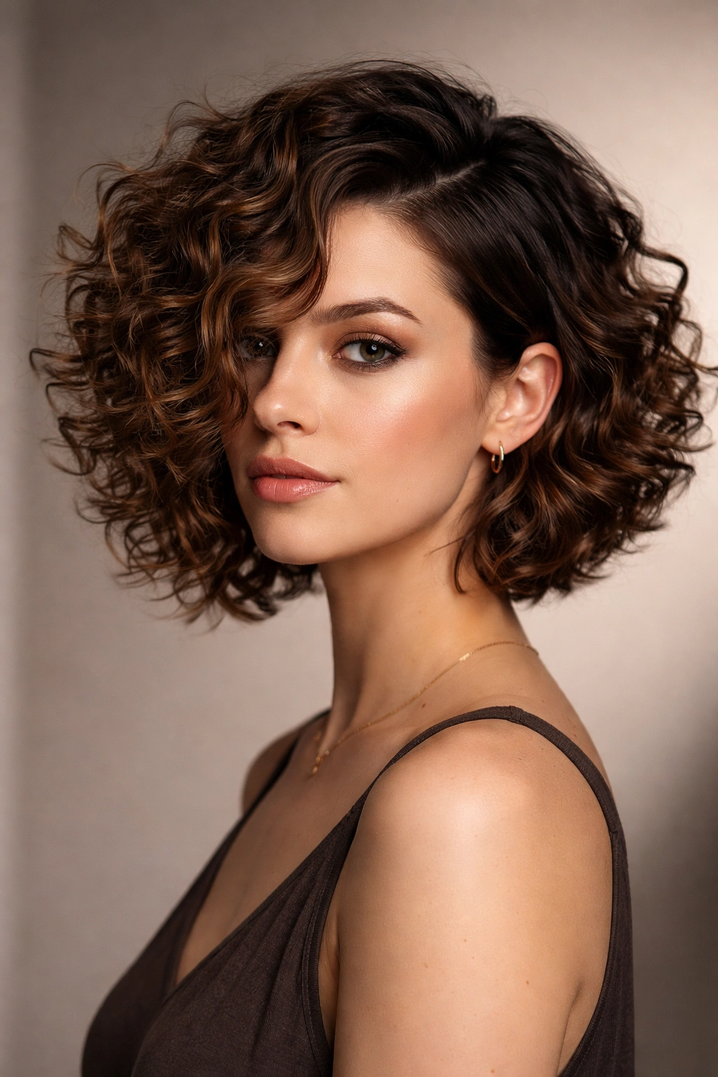Asymmetrical curly bob showing longer and shorter sides