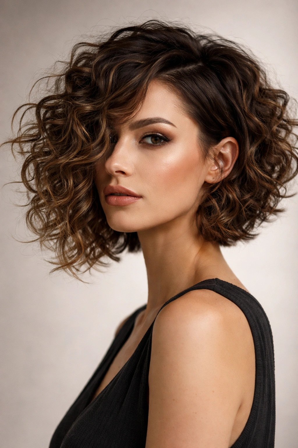 Asymmetrical choppy curly bob with uneven lengths