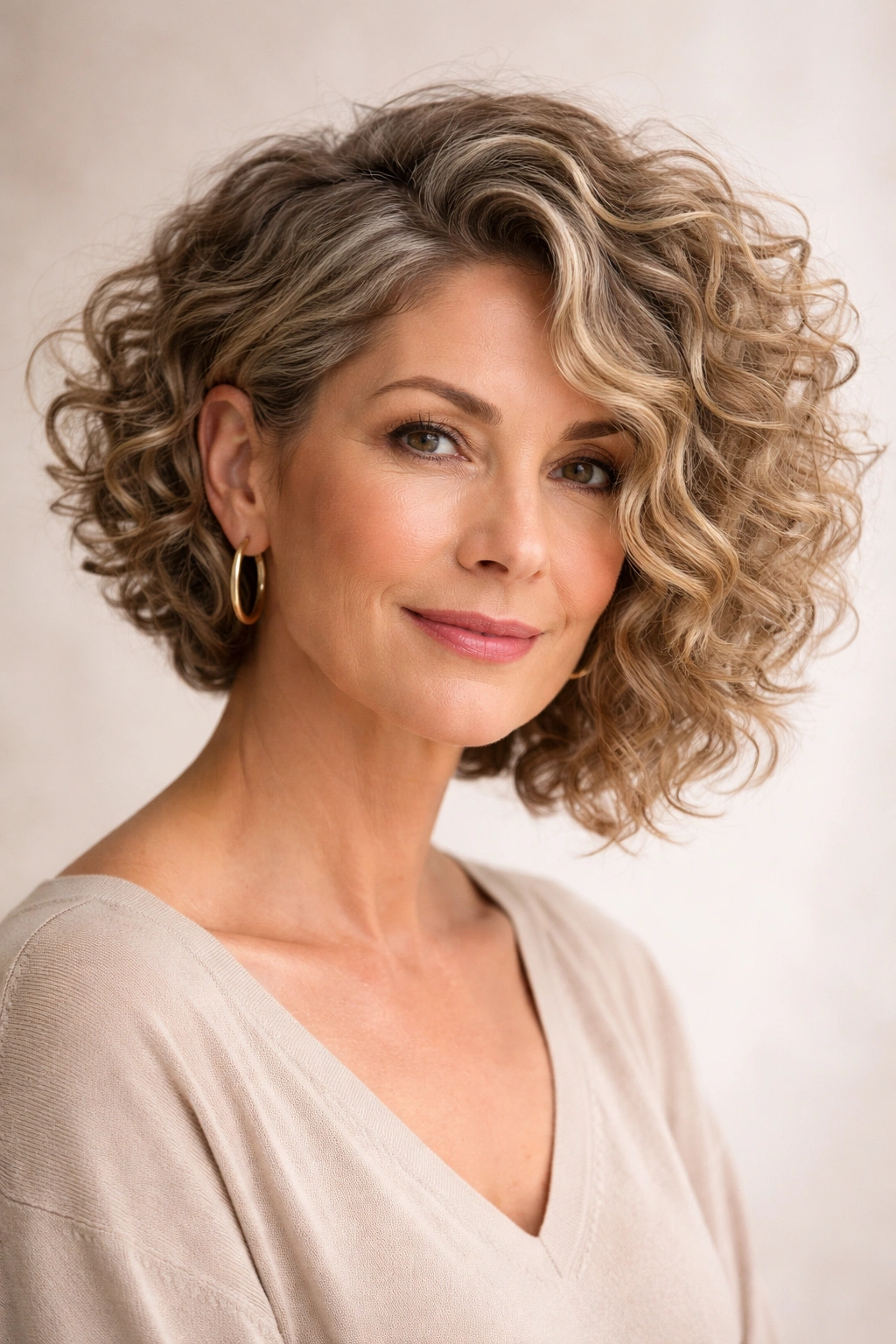 Asymmetrical curly bob showing movement with longer and shorter sides