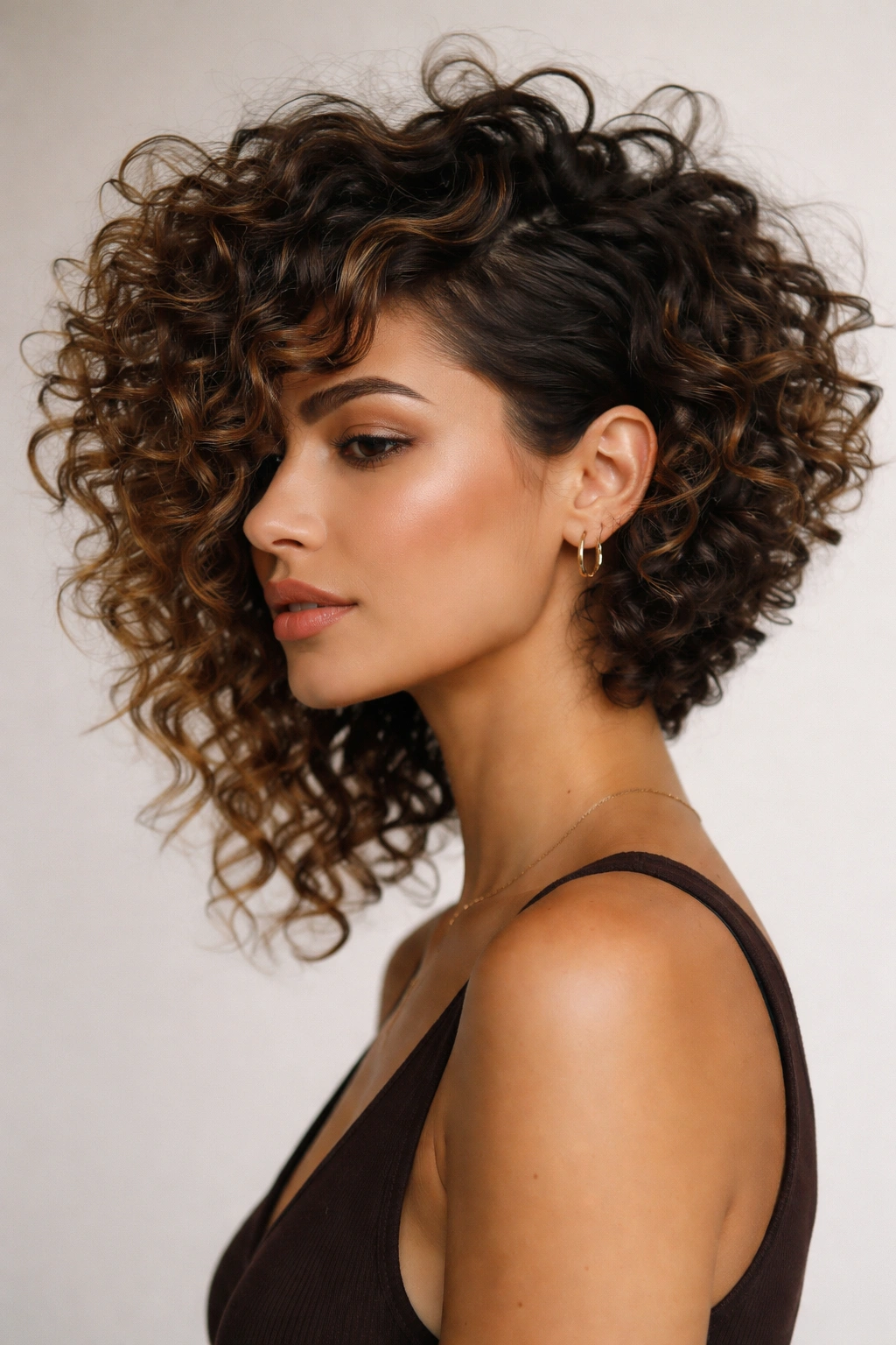 18 Short Layered Cuts Made For Curly Hair 12 Portrait showing an asymmetrical curly cut with a longer side and shorter side highlighting texture
