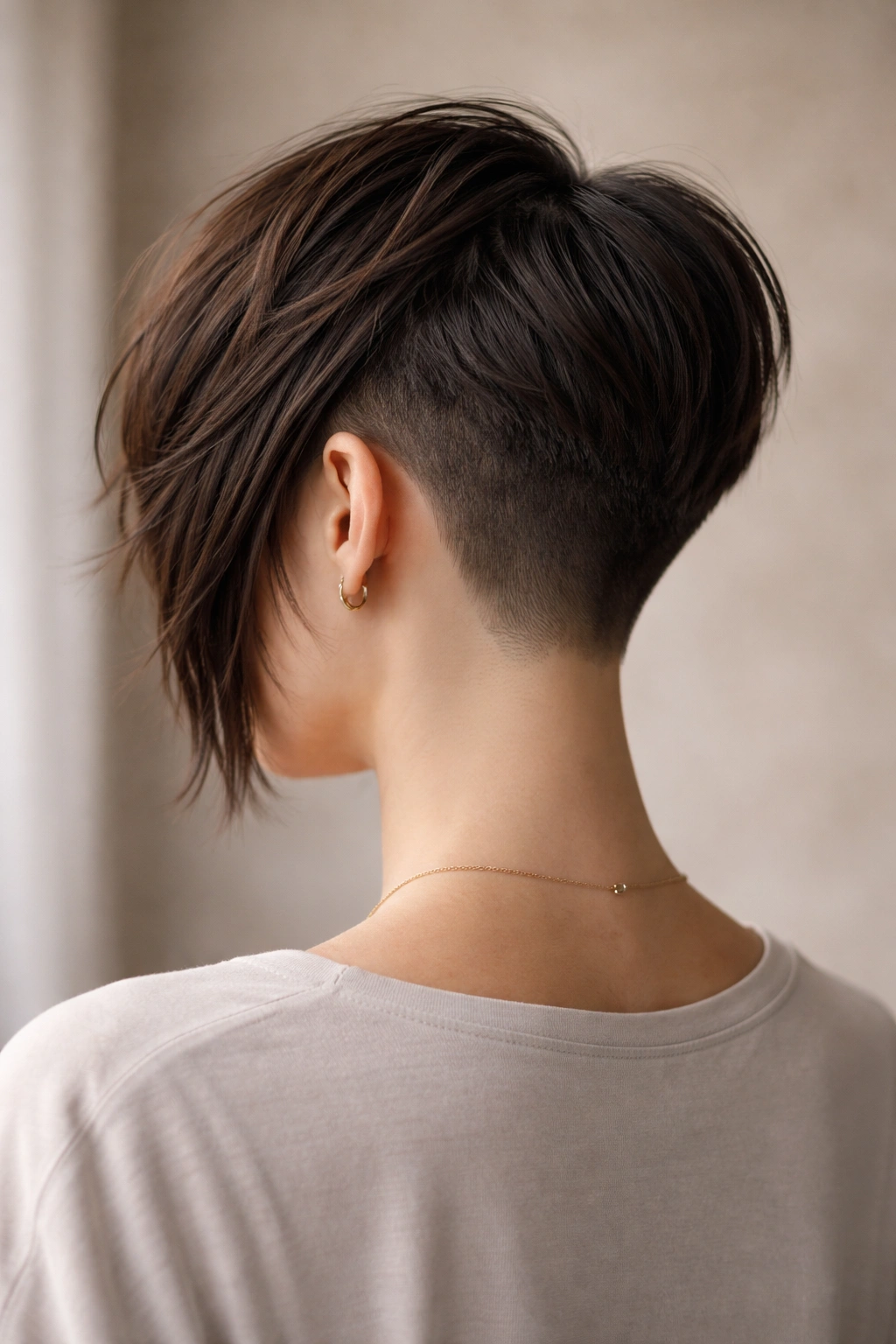 15 Short Haircuts From The Back You Need To See 13 Back view of a model with an asymmetrical haircut showing a shaved side and a longer layered opposite side.