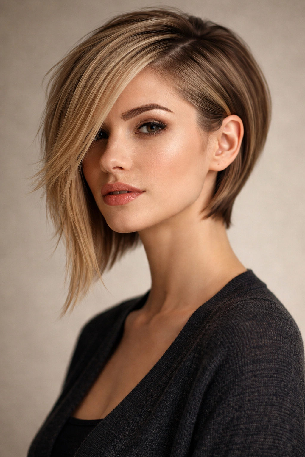 Asymmetrical haircut with one side longer for bold balance