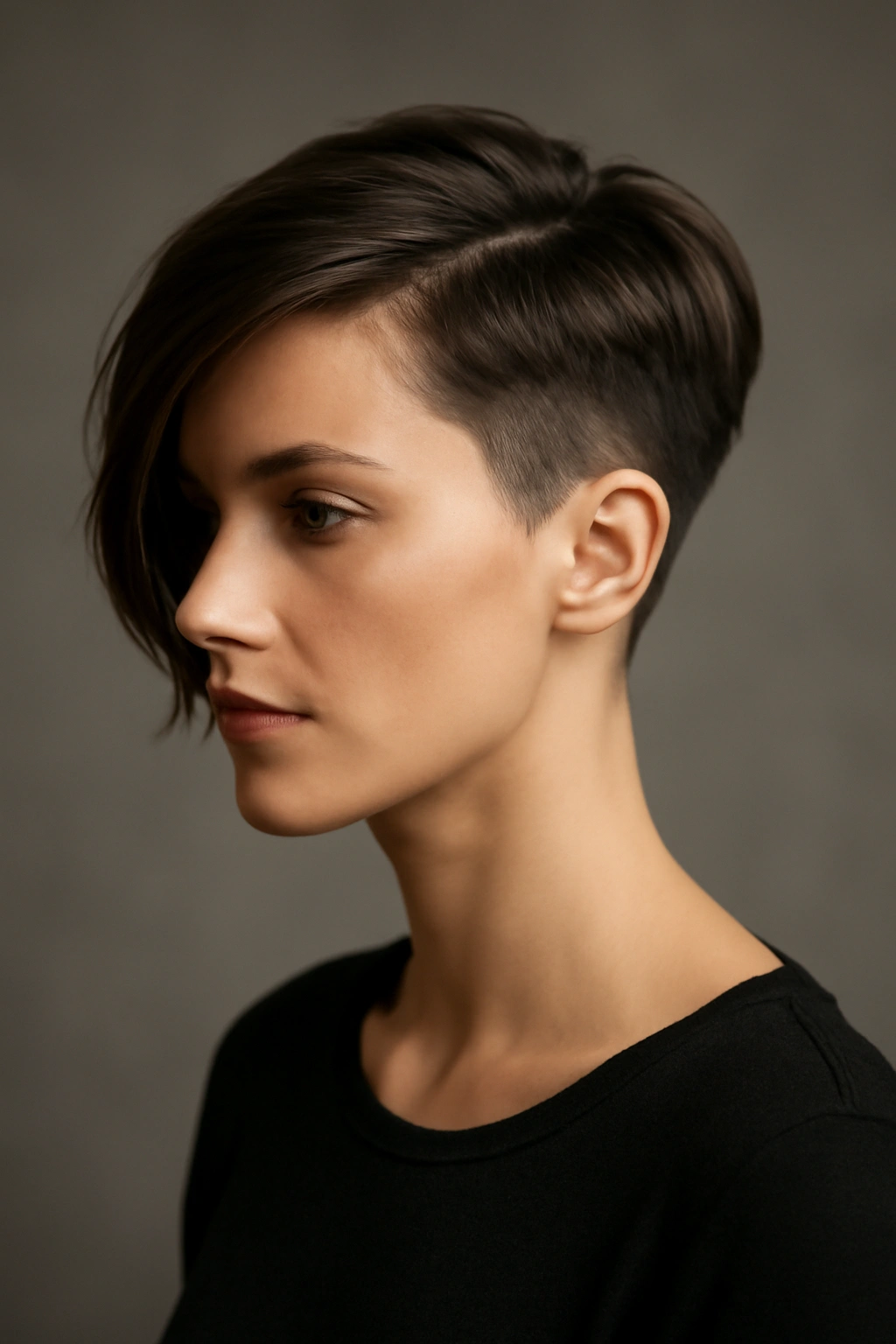 Three-quarter view of a bold asymmetrical haircut with uneven lengths