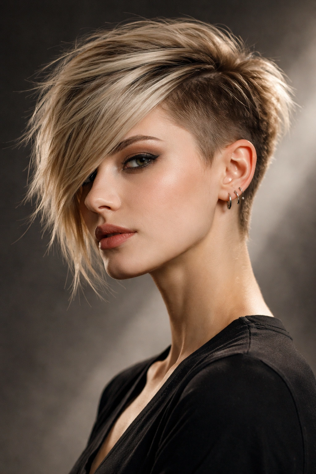 Portrait showing an asymmetrical angle haircut with dramatic difference in lengths