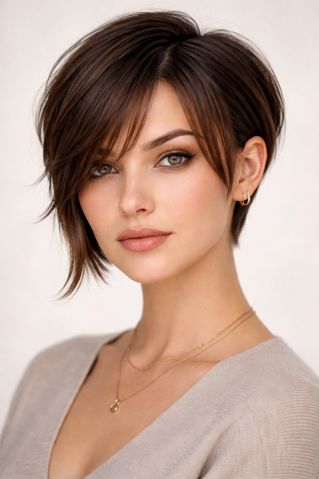 Portrait of a model with a short asymmetrical cut and curtain bangs.