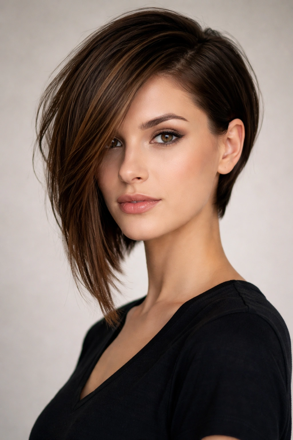 Model with an asymmetrical haircut showing a shorter side and longer side