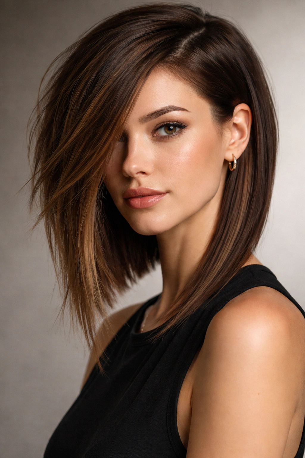 Portrait showing asymmetrical haircut with distinct shorter and longer sides.
