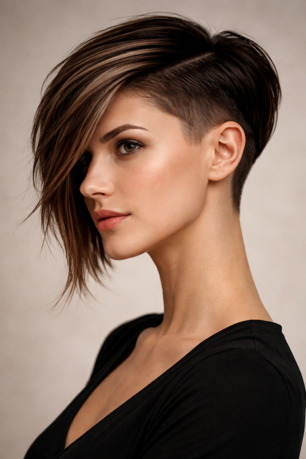 Asymmetrical haircut with longer side and shorter side visible from profile