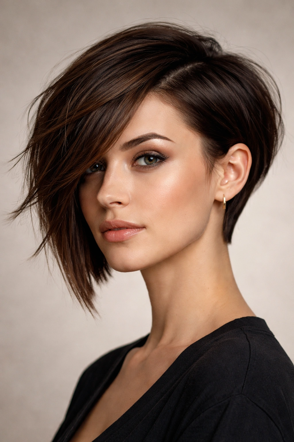 Close-up of an asymmetrical haircut with one side shorter than the other