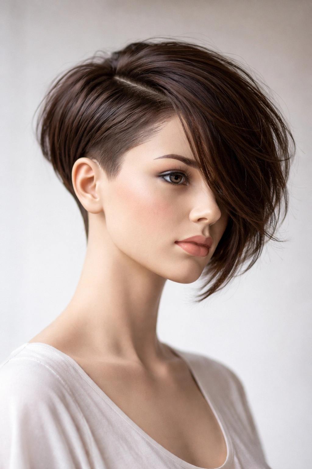 15 Short Haircuts That Balance Out A Longer Face 4 Mannequin head with an asymmetrical cut showing a cropped side and longer opposite side across the cheekbone.