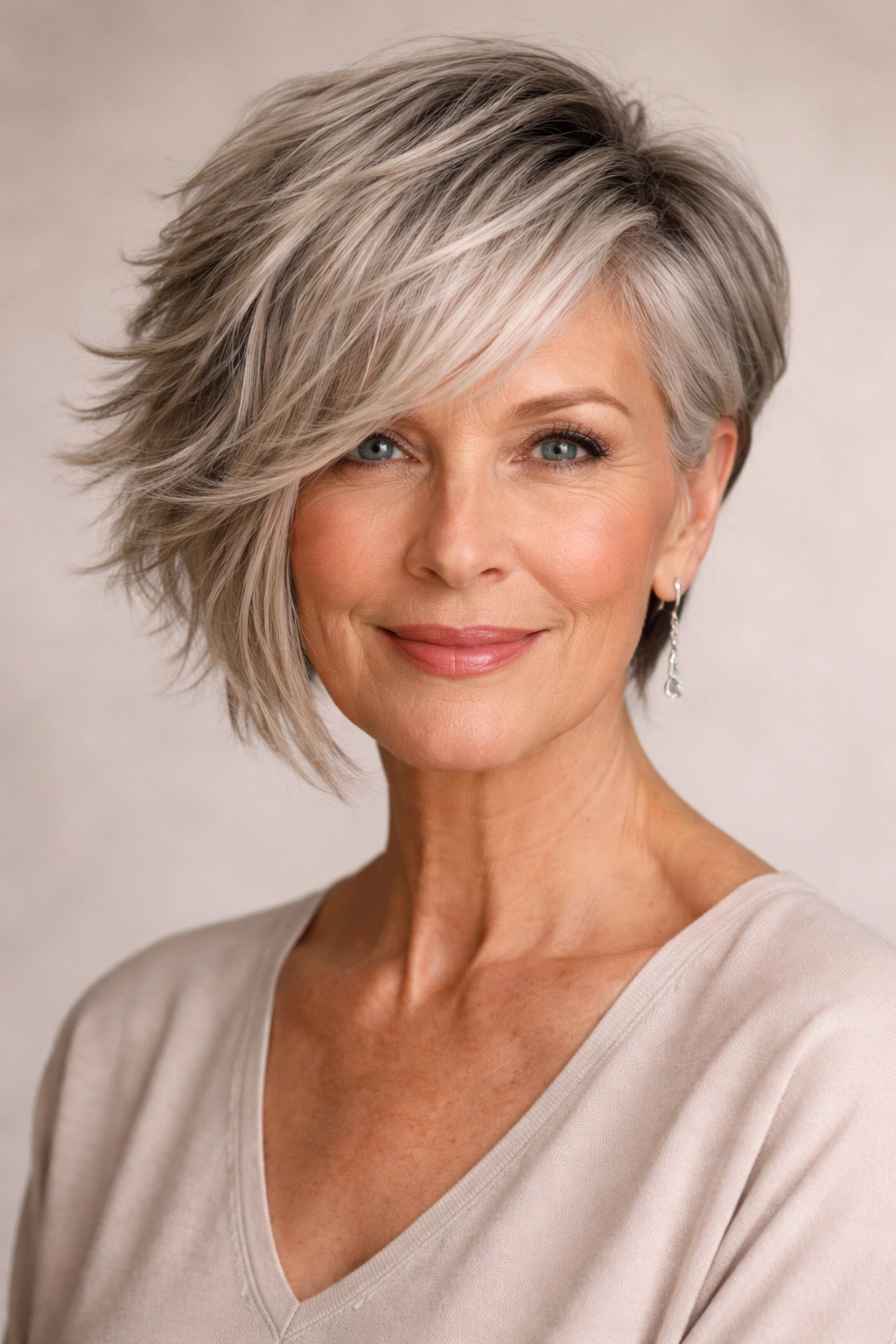 Close-up of a woman with an asymmetrical cut highlighting textured layers and bold silhouette
