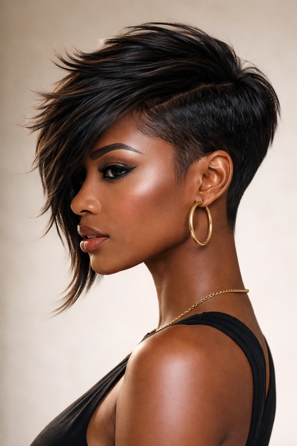 Studio portrait of a Black woman with an edgy asymmetrical cut.