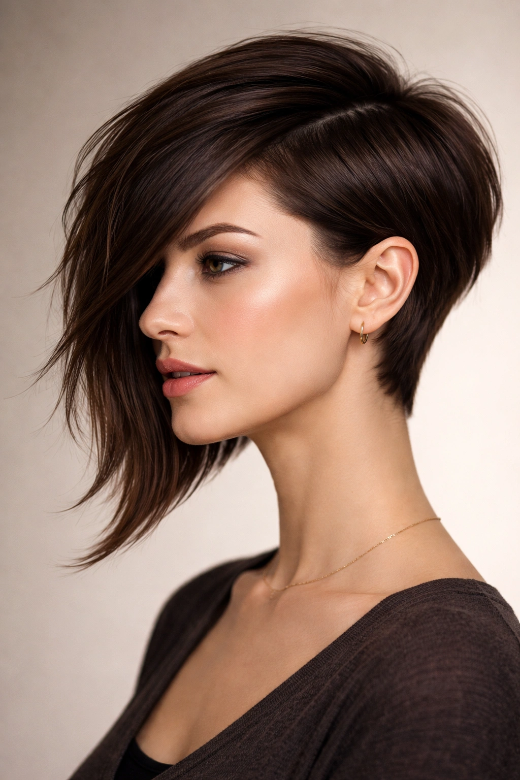 Portrait of a model with an asymmetrical haircut featuring a longer side and a shorter side
