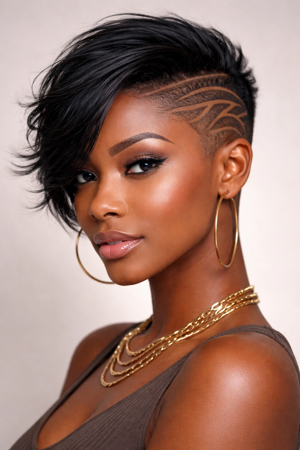Close-up of an asymmetrical cut with shaved detail on the shorter side