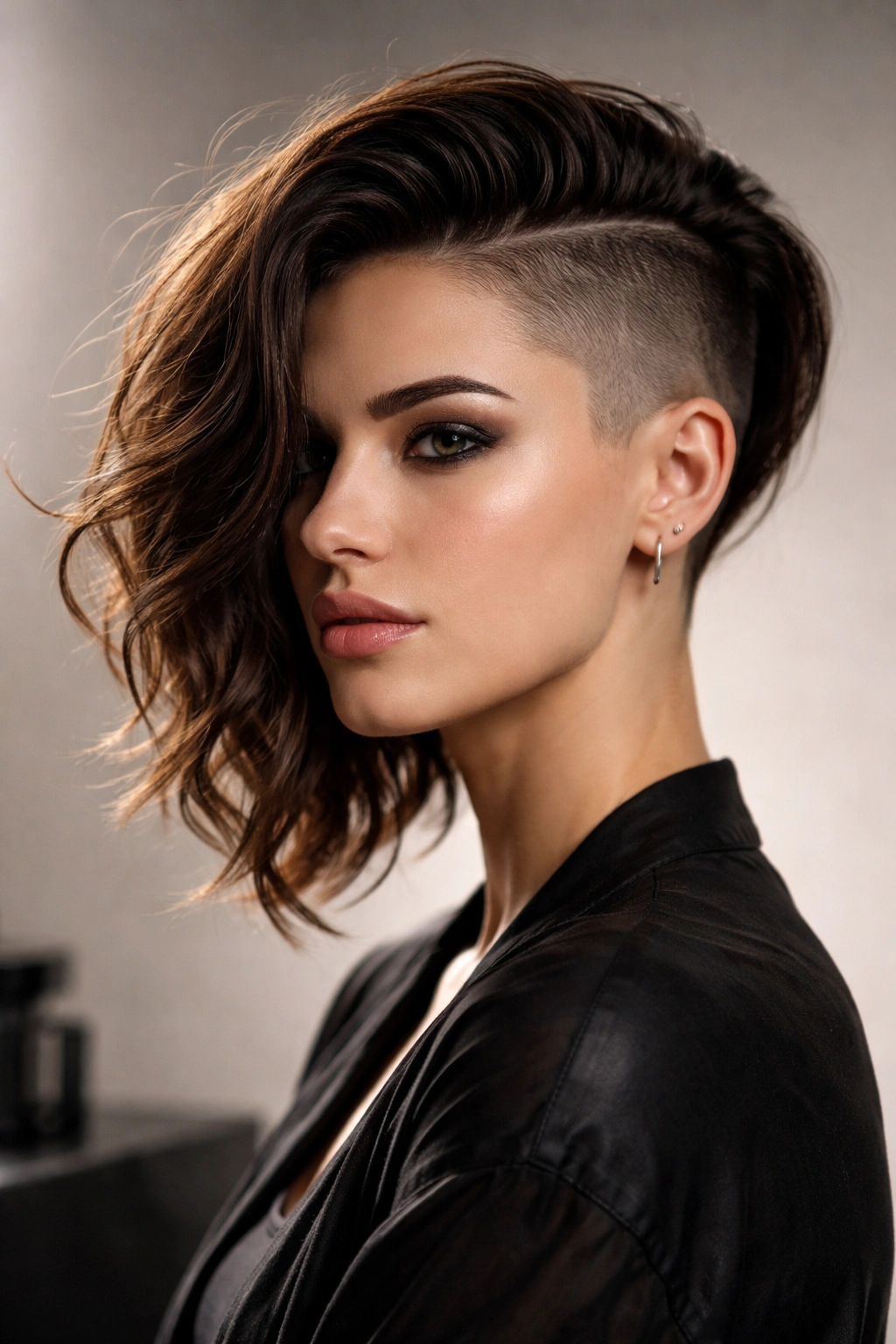 Portrait of a bold asymmetrical shaved haircut with a long side