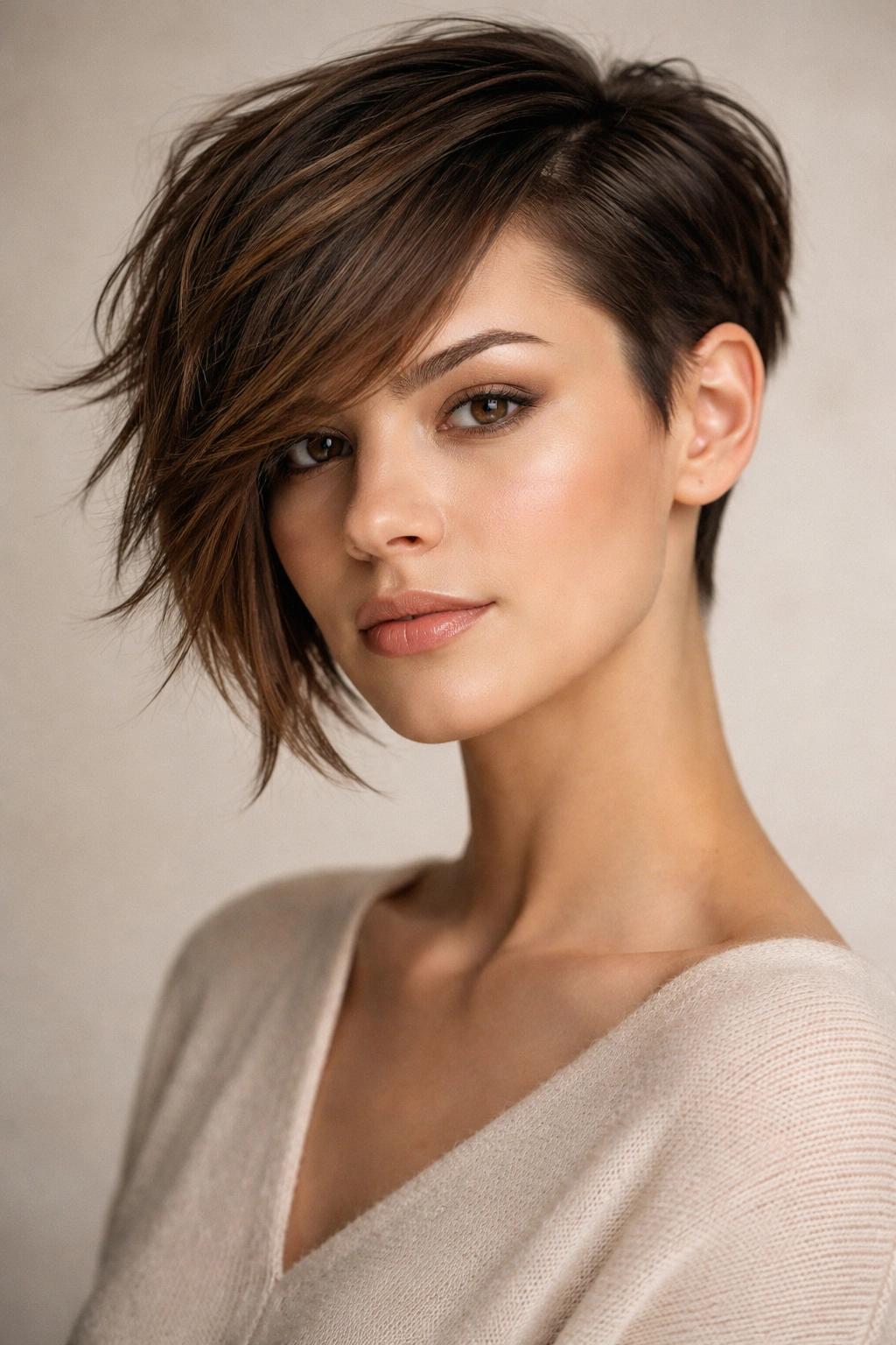 15 Short Haircuts That Soften A Square Jawline 12 Portrait of an asymmetrical short cut with one side shorter than the other.