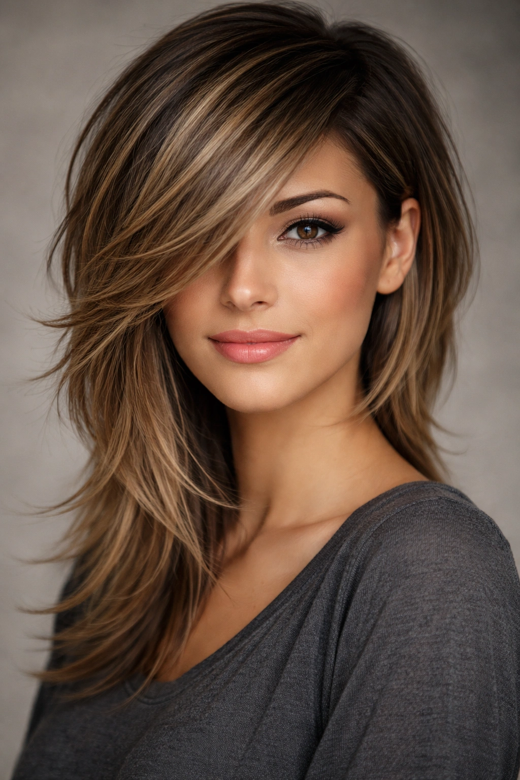 Asymmetrical cut with longer side-swept layers emphasizing width