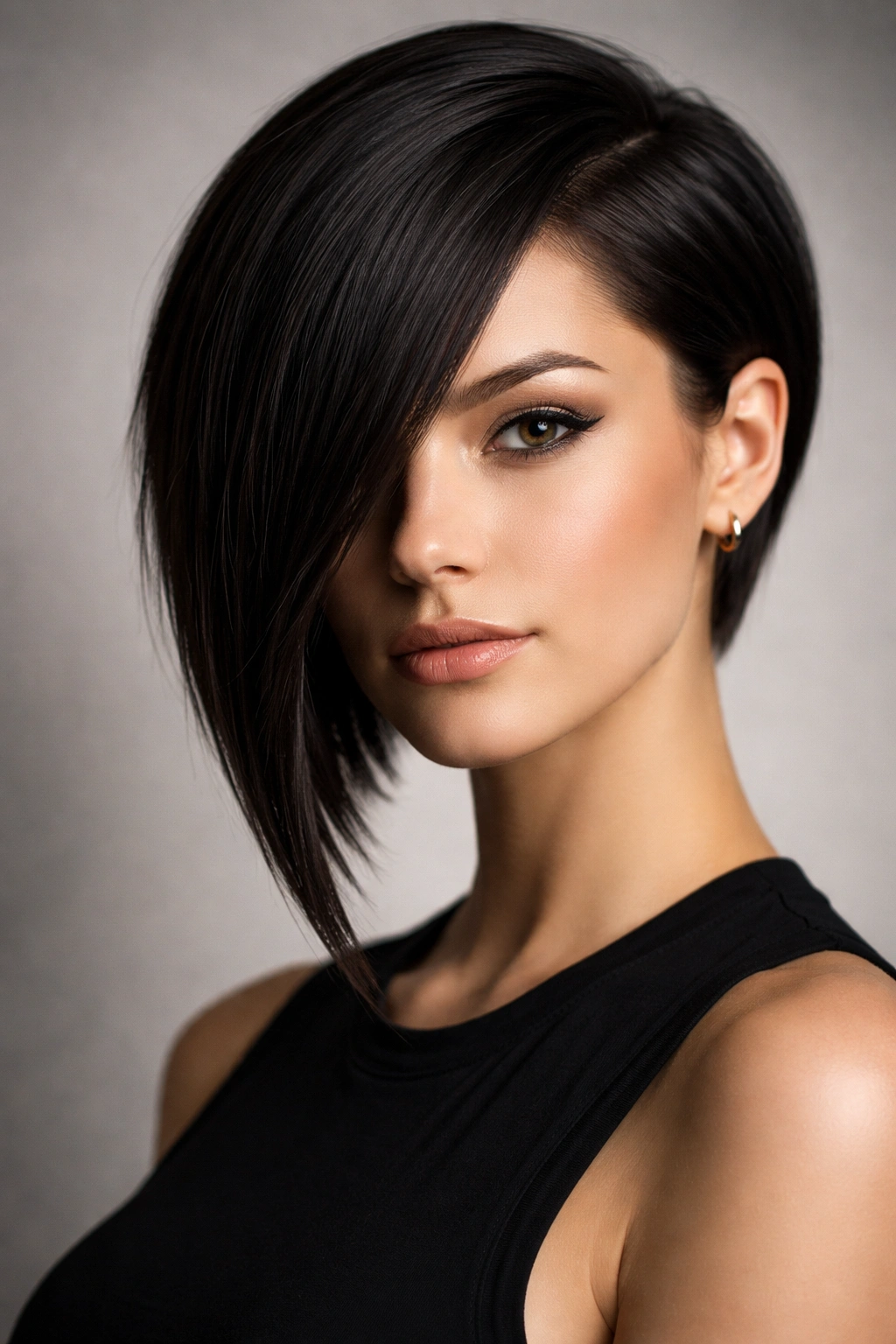 Asymmetrical cut with longer and shorter sides on straight hair.