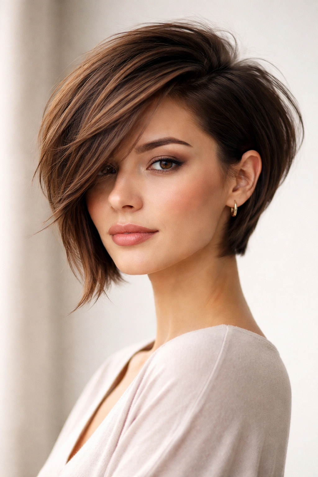 Portrait of a model with an asymmetrical haircut featuring a longer side and crown volume