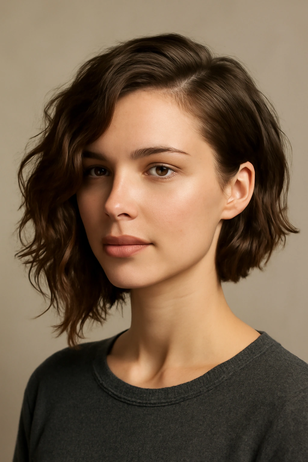 Portrait of asymmetrical cut with longer wavy side creating visual movement