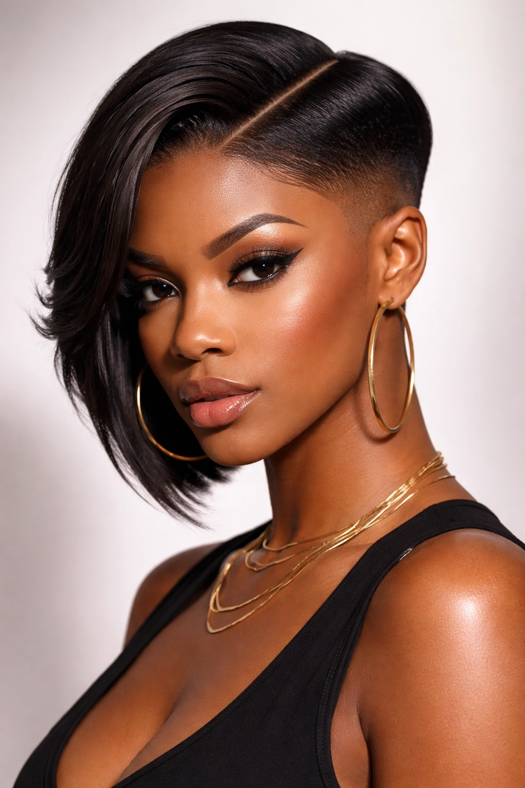 Asymmetrical fade with sharp middle part showing dramatic contrast in studio portrait