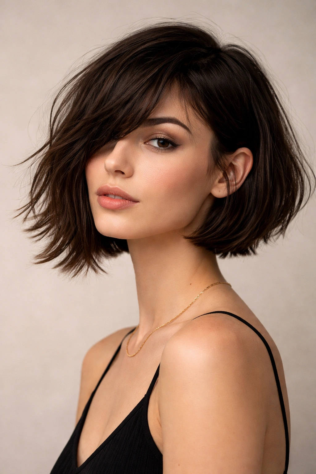 Three-quarter view of asymmetrical French bob showing longer side