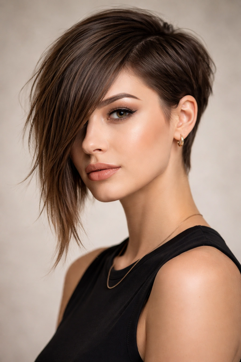 Portrait highlighting a long asymmetrical fringe against uniform back and sides
