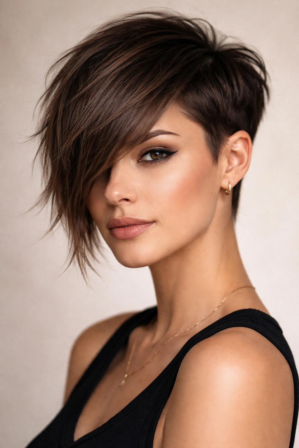 10 Asymmetrical Short Haircuts For Women 7 Close-up portrait of a woman with an asymmetrical fringe and textured back hair