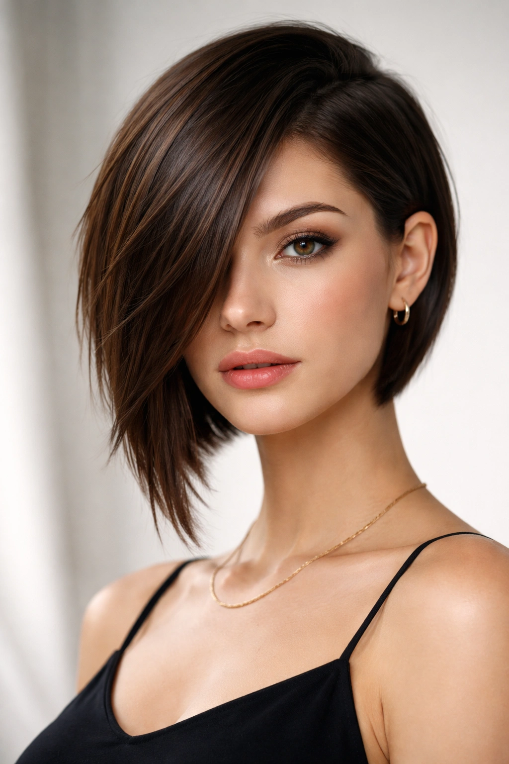 Model wearing an asymmetrical baby cut showing dramatic length difference between sides