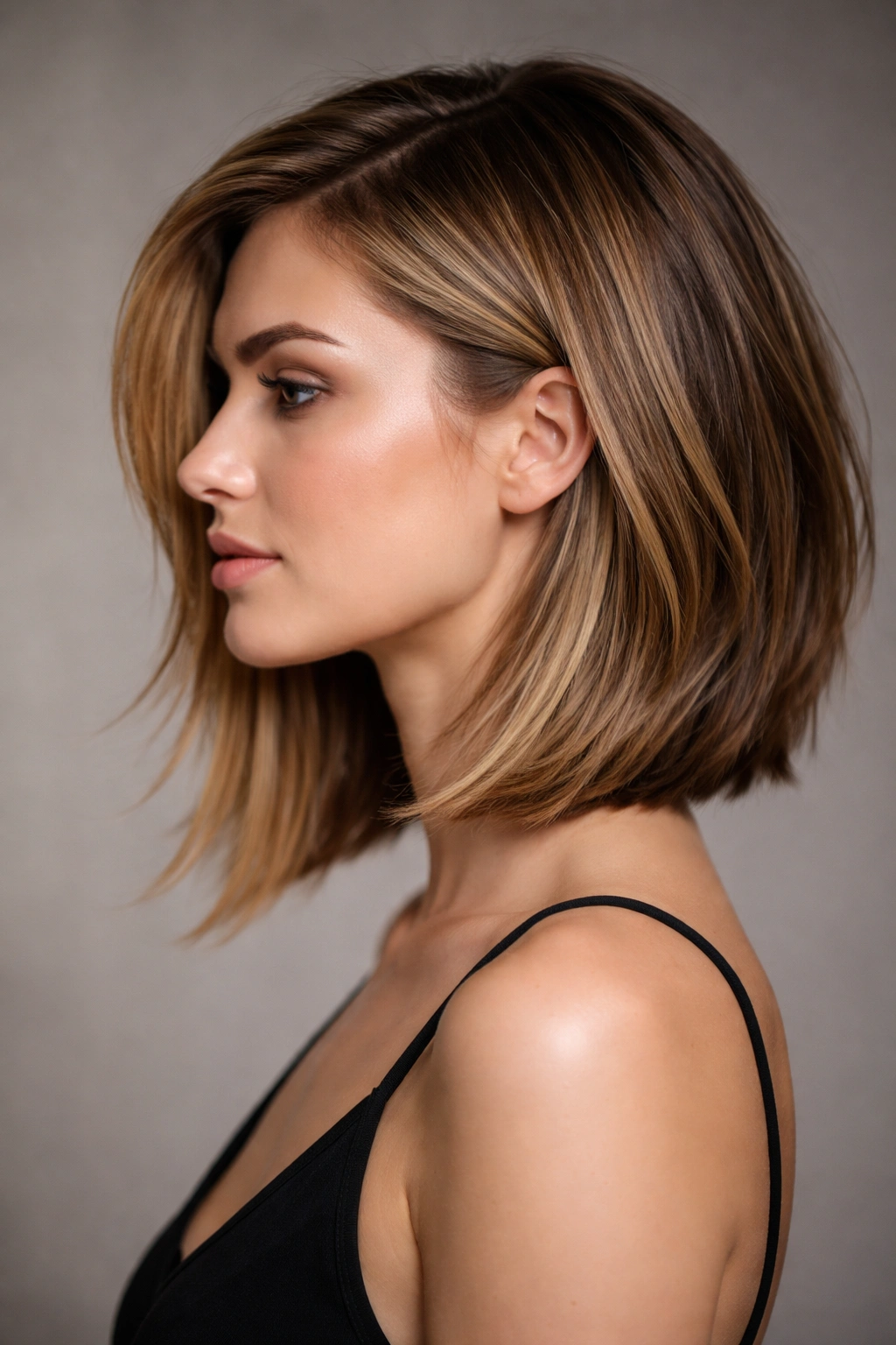 Profile view of Asymmetrical Shoulder Cut with uneven lengths