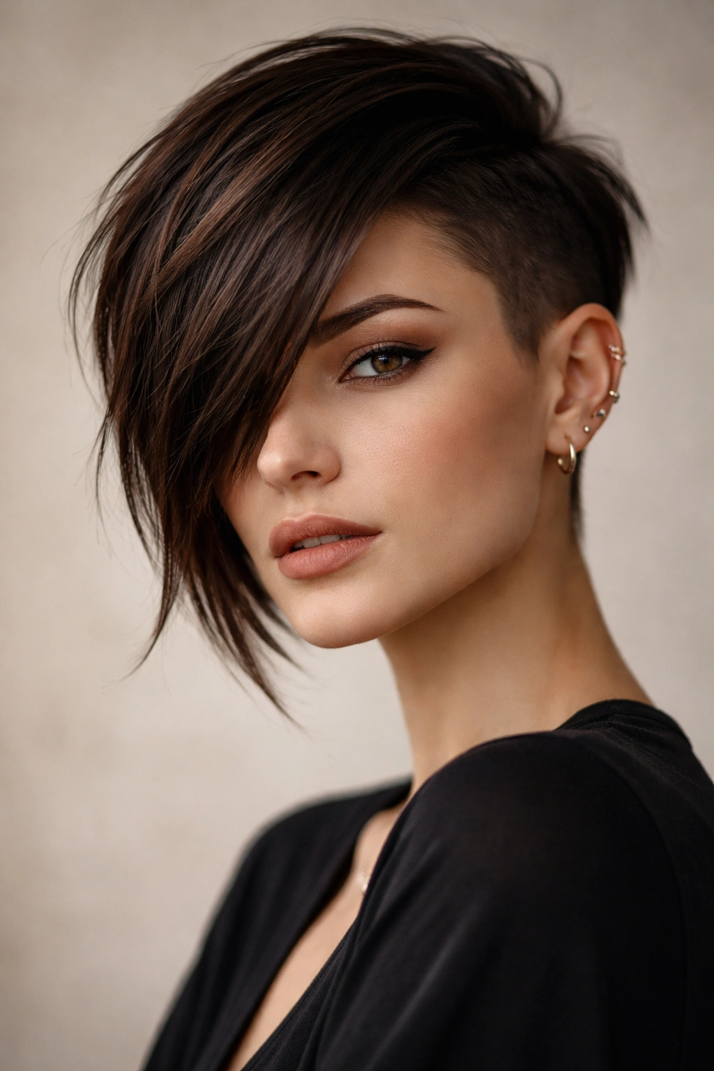 Going Super Short 15 Bold Haircuts To Consider 9 Portrait of a person with an asymmetrical cut showing one side shaved and the other longer
