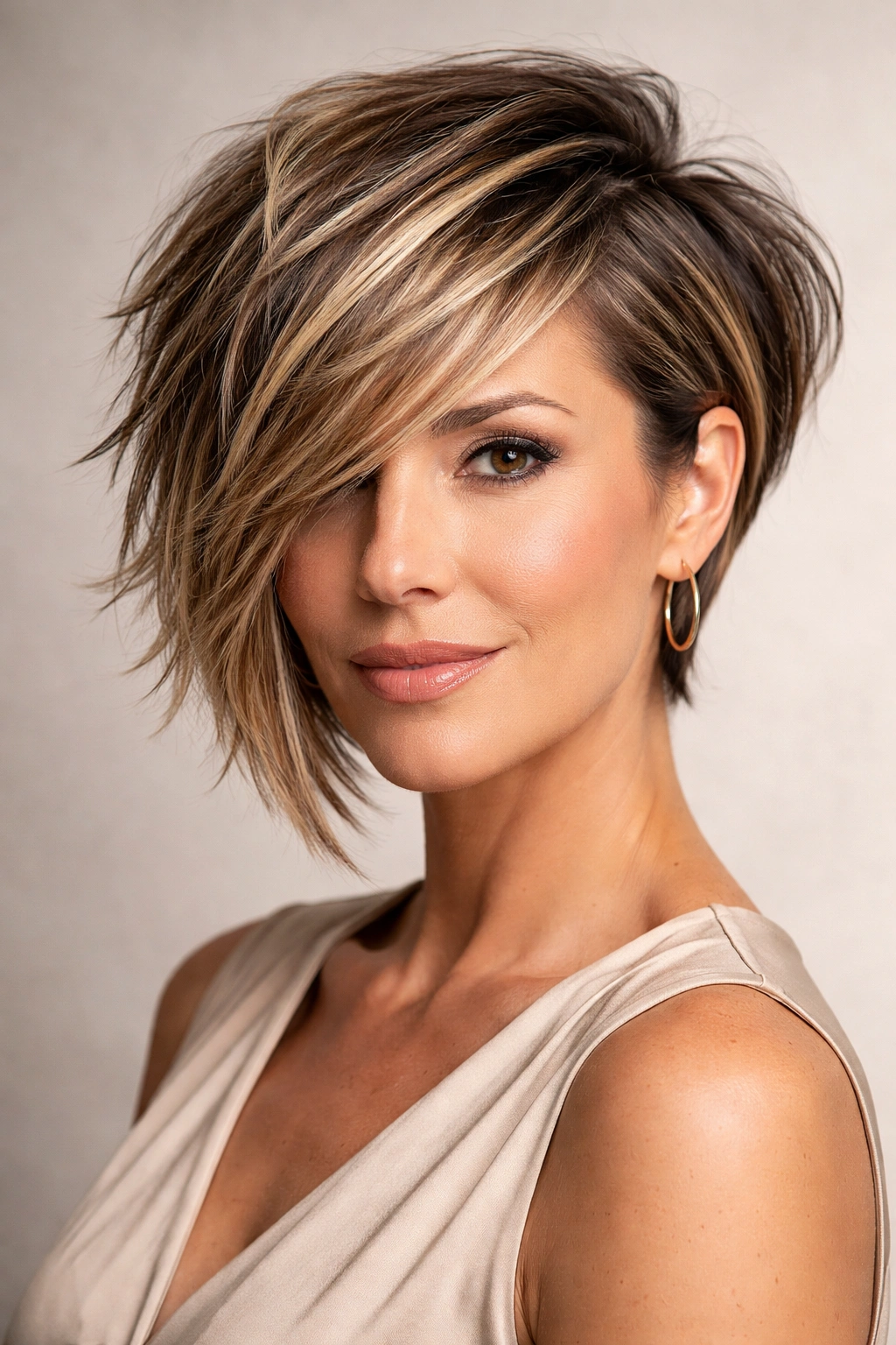 Close-up of an asymmetrical cut with one side longer and bold highlights