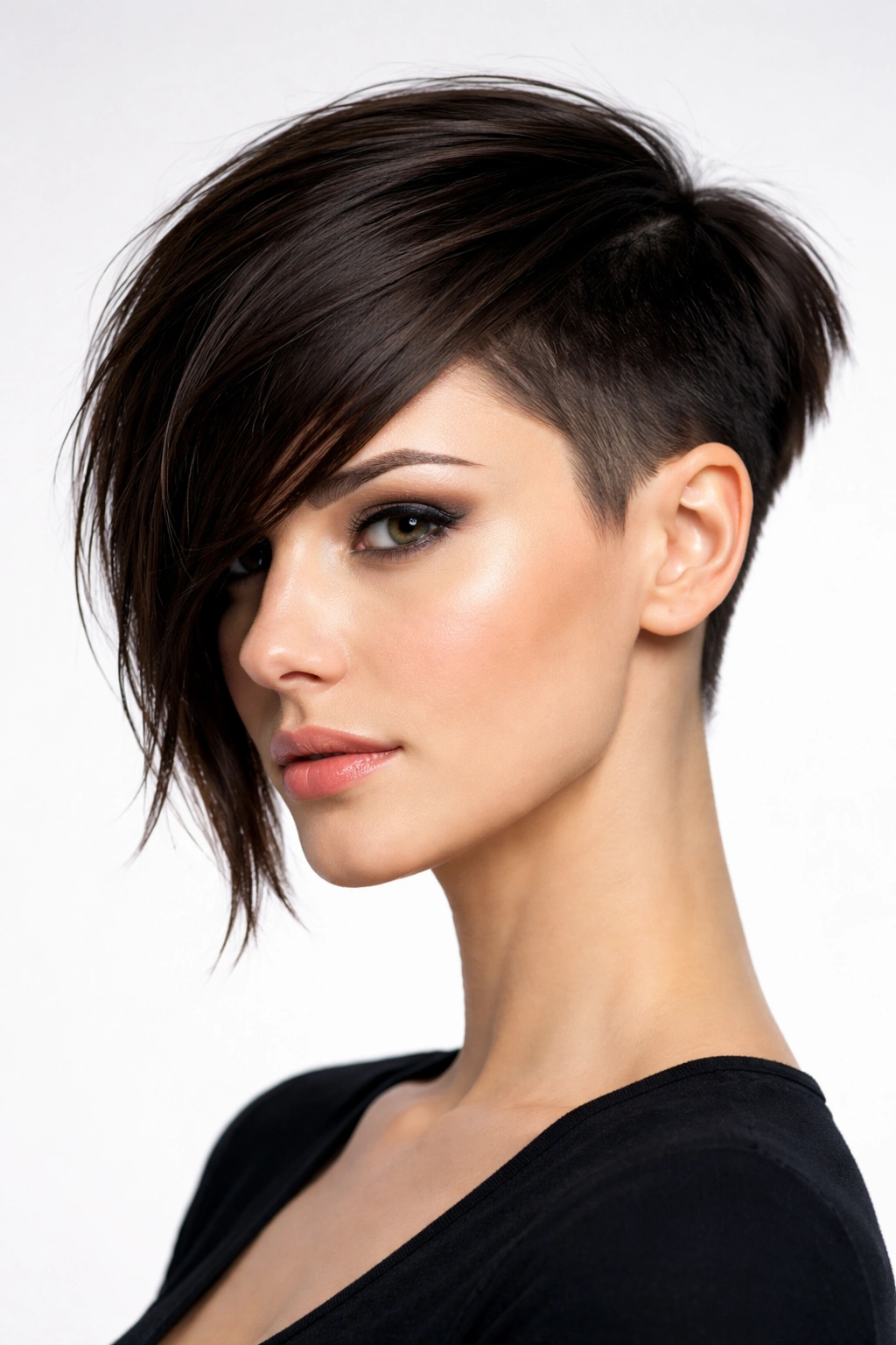 Asymmetrical haircut with disconnected sides showing a sharp contrast between longer and shorter sides.