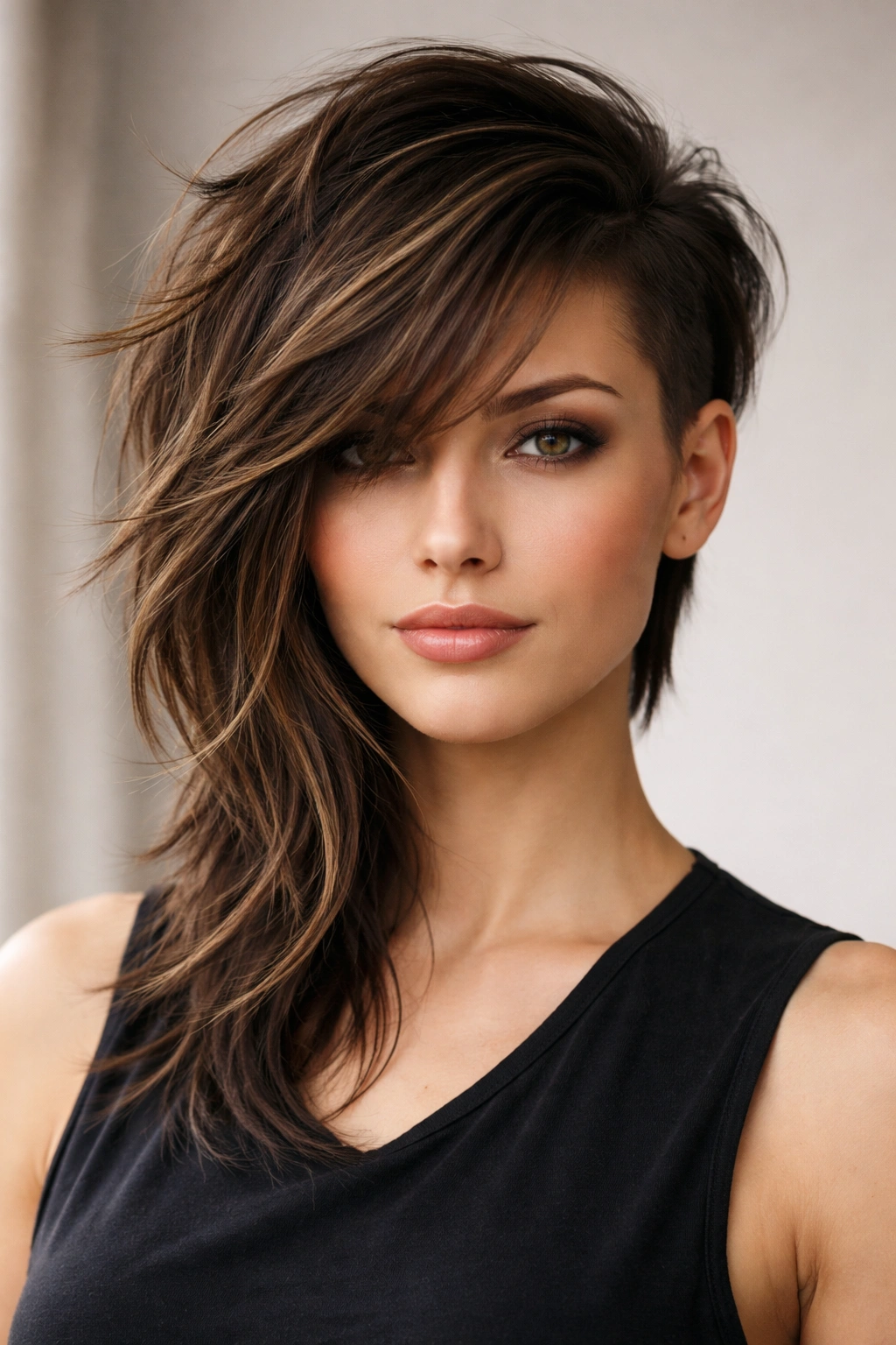Close-up of a person with a short textured side and long flowing side, highlighting an asymmetrical cut