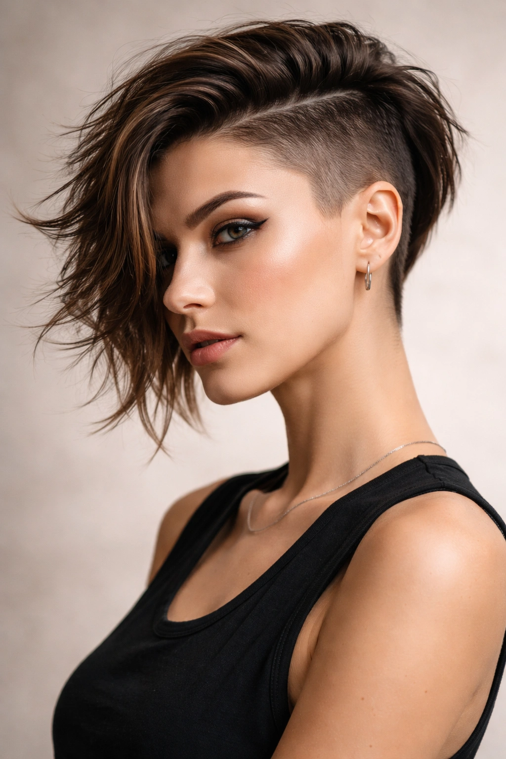Close-up portrait of a person with a bold asymmetrical haircut (shaved side and long textured top) in a neutral studio