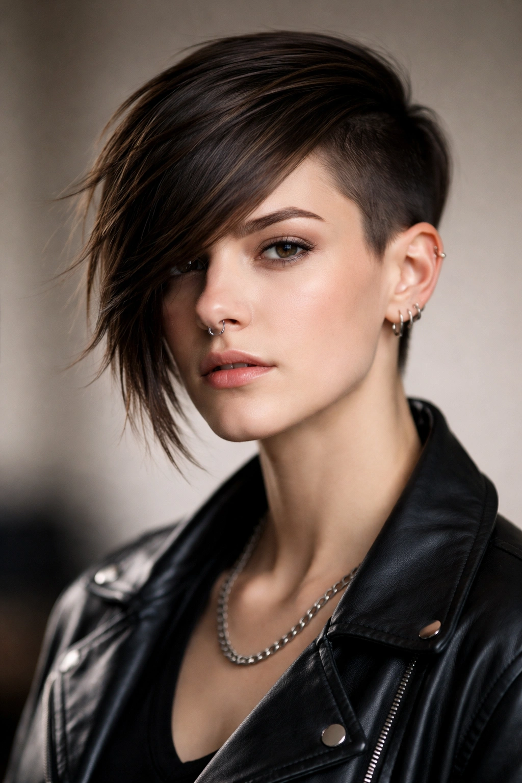 10 Queer Short Haircuts That Make A Statement 7 Portrait of a person with a side-swept asymmetrical haircut featuring a longer swept side and a shorter undercut