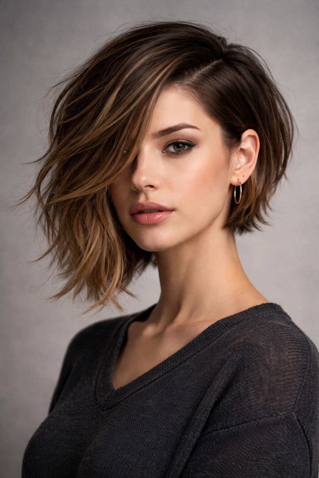 Close-up of an asymmetrical textured haircut with a deep side part.